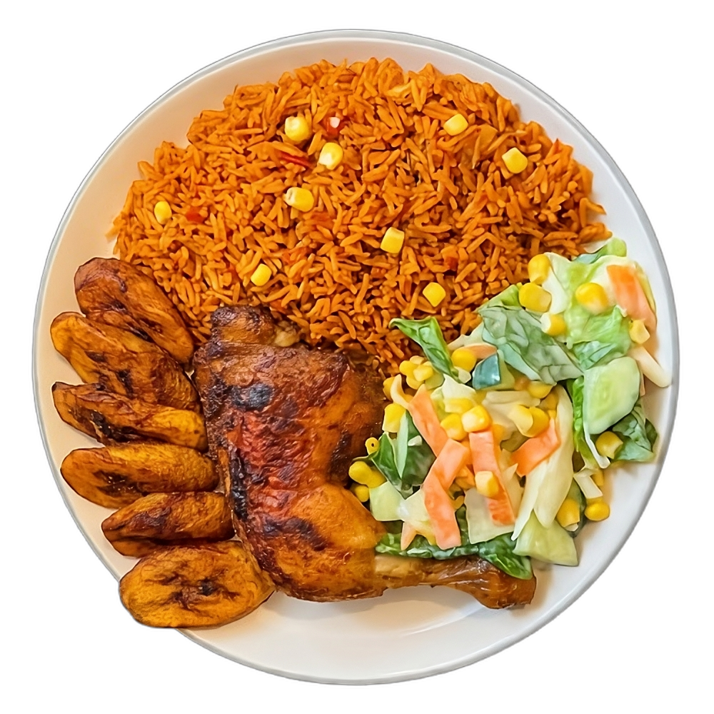 Jollof rice with grilled chicken, fried plantain and salad